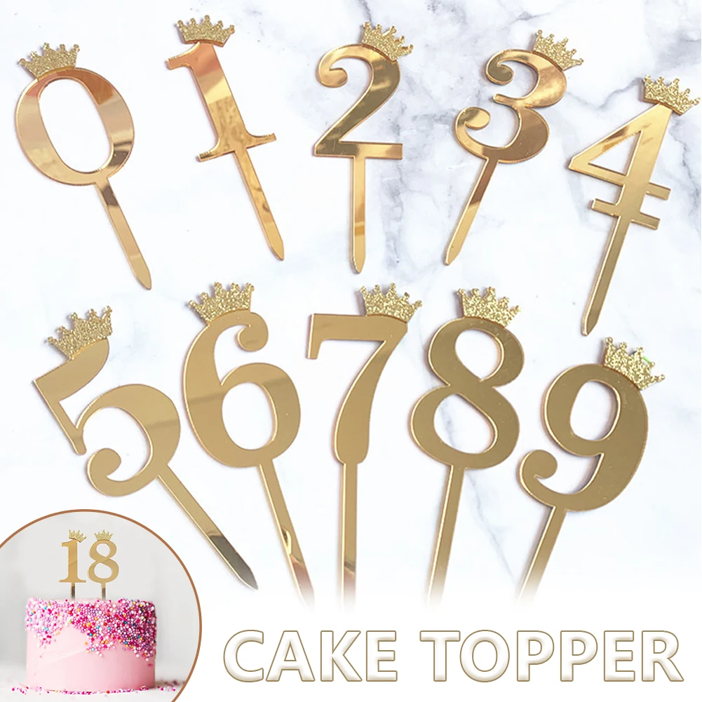 

2Pcs Number Cake Topper Gold Silver Crown Acrylic 0-9 Digital Birthday Party Cake Insert Decoration Wedding Cakes Dessert Decor