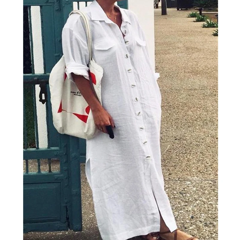 Женское свободное платье-макси в стиле бохо повседневное однотонное длинное