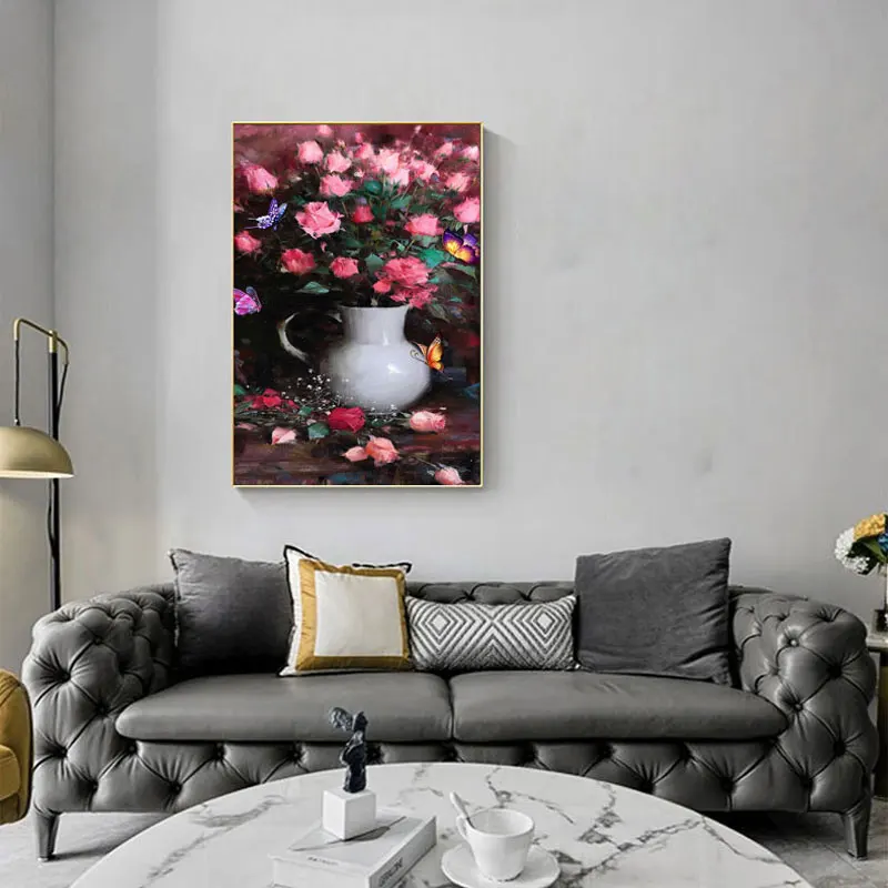 

Posters Gouache Oil Painting Pink Rose Flower Print Wall Art Plant Vase Pictures Canvas Living Room Decoration Wall Paintings