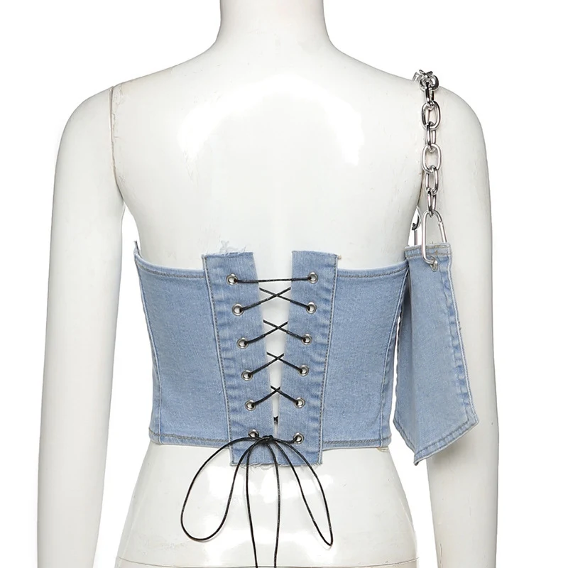 

MoneRffi Jeans Corset Top Tube Bustier Tanks+Bags Lace Up Bandage Bodycon Sexy Streetwear 2021 Strappy Strapless Slim Club Tops