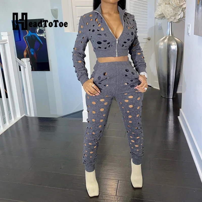 

Женский Повседневный комплект из 2 предметов, узкие брюки на молнии с вырезами и высокой талией, Короткие топы с вырезом спереди