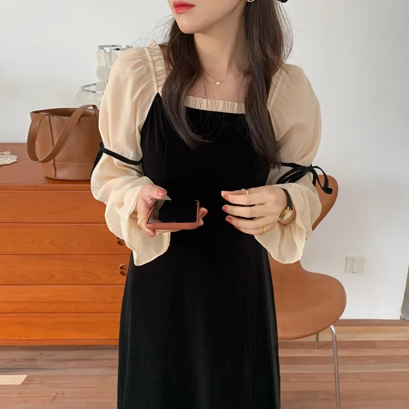 

Mozision Bandage Long Sleeve Velvet Dress For Women Solid Square Collar Fungus Edge Dresses 2020 Winter New Vintage Dress
