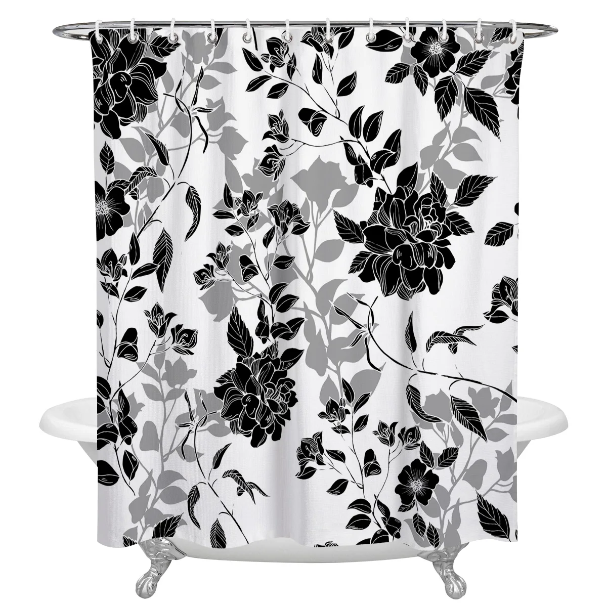 

Black And White Flowers Bathroom Shower Curtain Polyester Fabric Waterproof Shower Curtains with Hooks