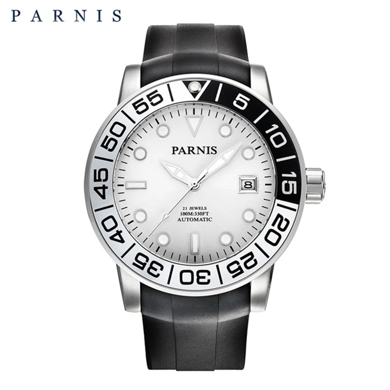 Резиновые механические мужские часы Parnis с сапфирами вращающиеся разноцветные