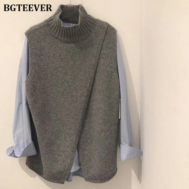 Модная водолазка вязаный жилет женский свитер шикарный Сплит трикотажные жилеты