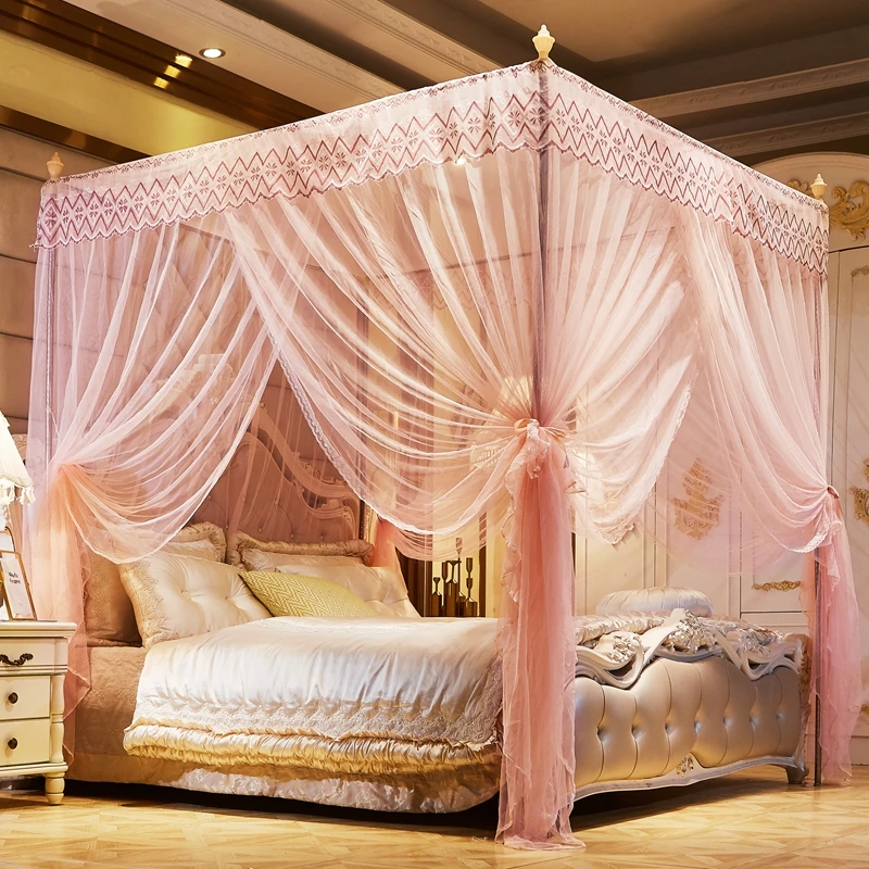 New Pink Quadrate Mosquito Net Palace Netting With Iron Tube Frame Romantic Lace Light Yellow Blue Three-Door Moustiquaire 1.8M | Дом и сад