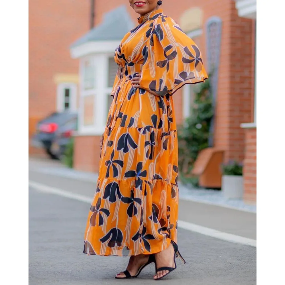 

Женское офисное платье с высокой талией, желтое длинное платье с принтом, элегантное Свободное платье, вечерние платья