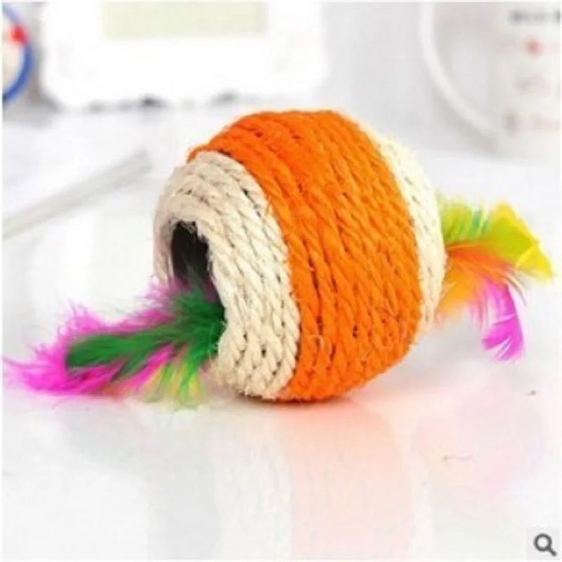 Colorful Cat Pet Sisal Rope Woven Ball with Feather Teaser Playing Chewing Rattle Scratch Catch Toy Color Random | Дом и сад
