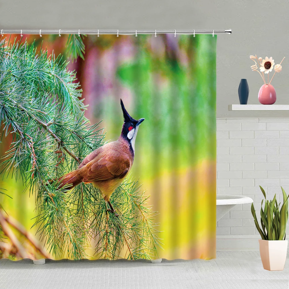 

Parrot Cat Shower Curtain Green Plant Animal Bathroom Screen Decor 3d Printed Waterproof Wall Hanging Curtains Accessories Set