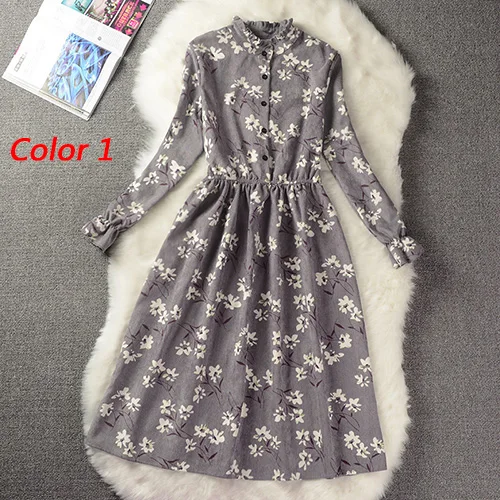 Женское бархатное винтажное пригородное платье с высокой эластичной эластичной талией, женское платье, трапеция с длинным рукавом, вечернее платье с цветочным принтом, элегантное стройное весеннее платье, 18 цветов - Цвет: color 1