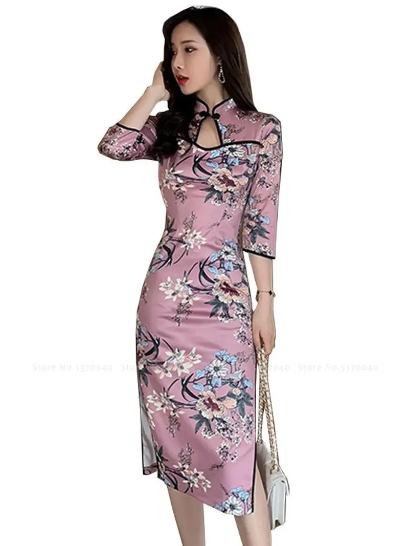 

Traditional Chinese Hanfu Improved Cheongsam Lady Sexy Retro Qipao Short Sleeve Tang Suit Women Stage Party Evening Formal Dress