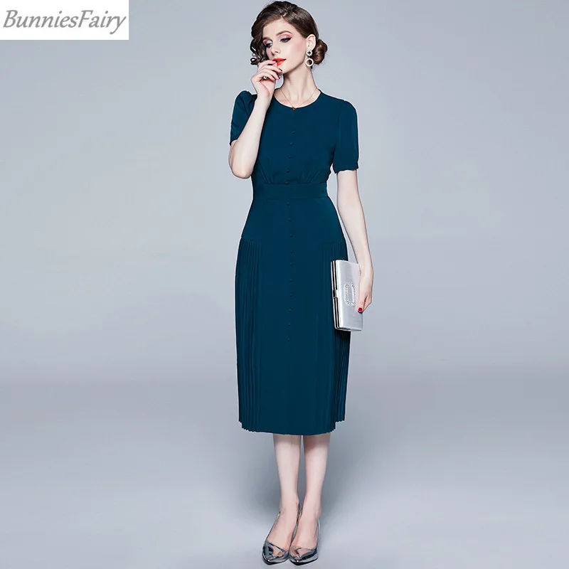 BunniesFairy летнее женское элегантное платье Индиго синего цвета с коротким рукавом, однотонное шифоновое платье средней длины, офисная одежда для женщин