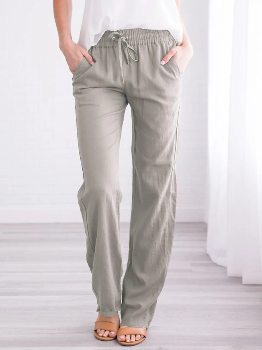 

Summer Women's Cotton Linen Drawstring Loose Wide-Leg Pants Hot Sale Long Trousers With Pocket WDC4496
