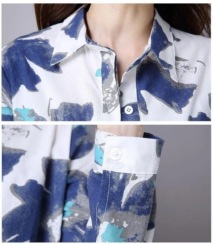 3009 Chinese Linen Shirt Women White Long Sleeve Retro Floral Print Shirt Women Cotton Long Linen Blouse Female Vintage Tunics
