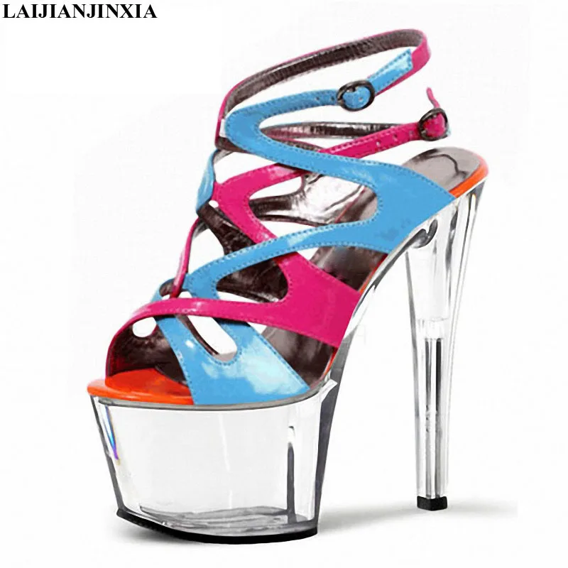 New 17 cm transparent high-heeled dancing shoes, stage show high-heeled sandals, patchwork vamps, dancing shoes
