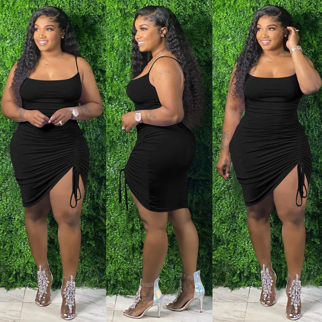 

Summer Ladies Dress Sexy Tight-fitting Unilateral Pleated Fashion Slim Dress Large Size Solid Color Women's Clothing