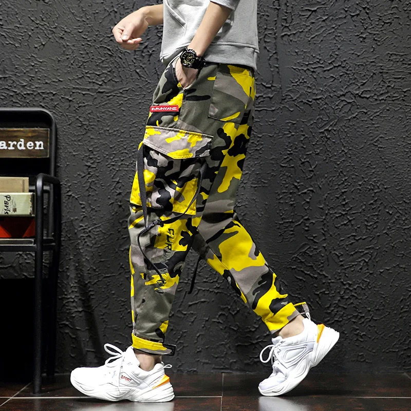 fashion chic belt camouflage men's cargo pants men 2019 autumn big packet loose casual joggers trousers sweatpants |