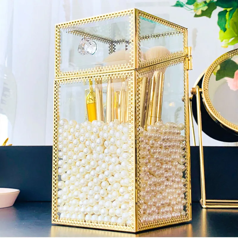 Стеклянный косметический Органайзер держатель для кистей макияжа золотой ящик