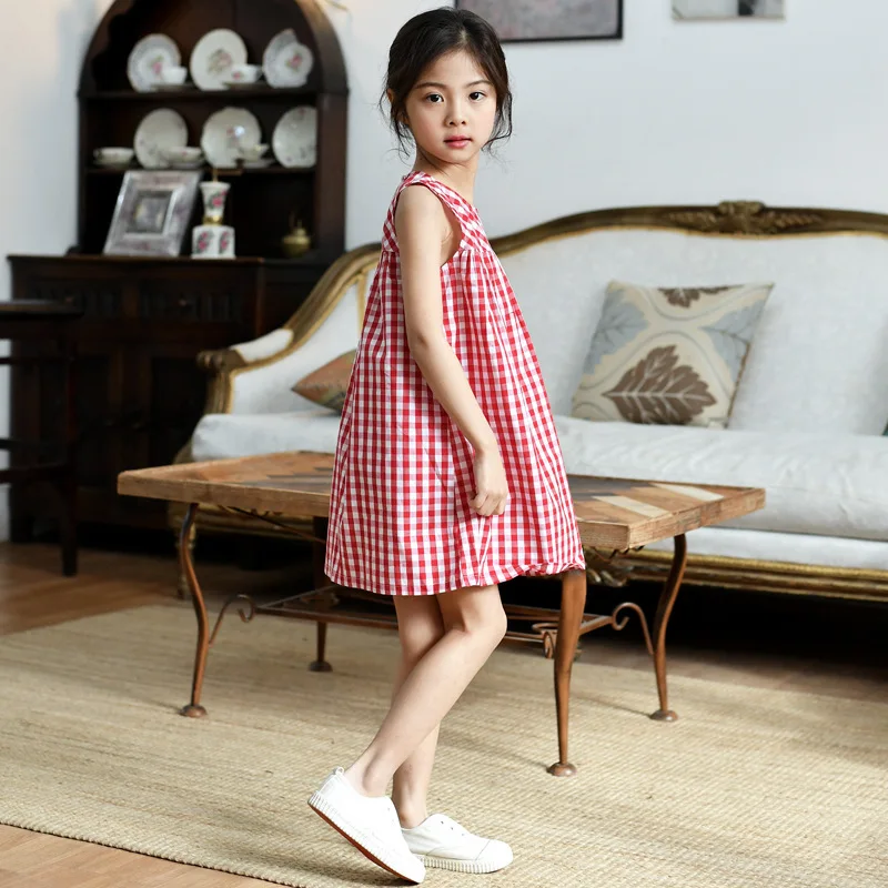 Детская летняя одежда хлопковое красное платье в клетку для девочек свободные