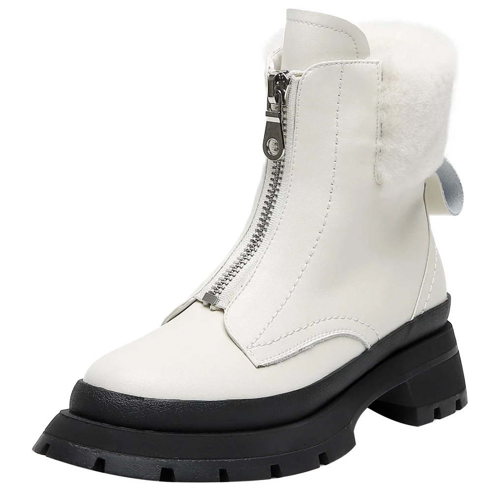 

BONJOMARISA On Sale New Female Punk Motorcycle Boots Zipper Chunk Heel Mid Calf Short Plush Boots Women Winter Shoes Woman