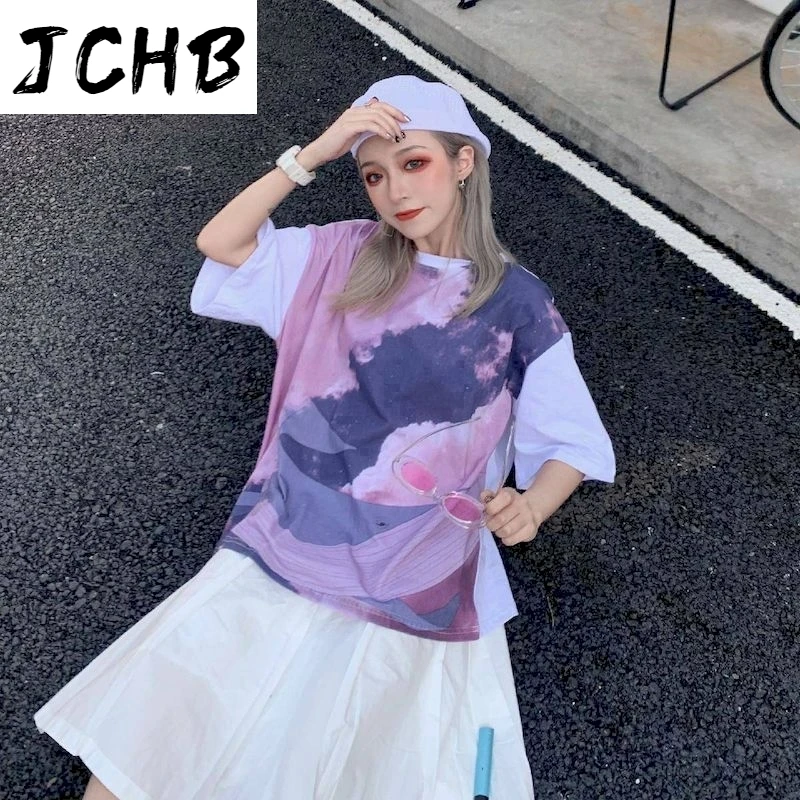 

2021 Ins Print Women Tops Tshirts Tie Dye Korean Style T-shirts Summer Lazy Wind Fashion t Shirts Preppy Couple Clothes O-neck T
