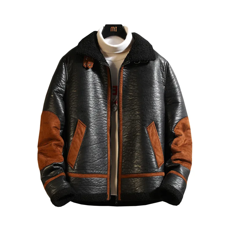 

2021 Winter Mens Fleece Thick Suede Leather Jacket Fashion Men Warm Motorcycle Jacket Coats Men Causal Patchwork Faux Leather