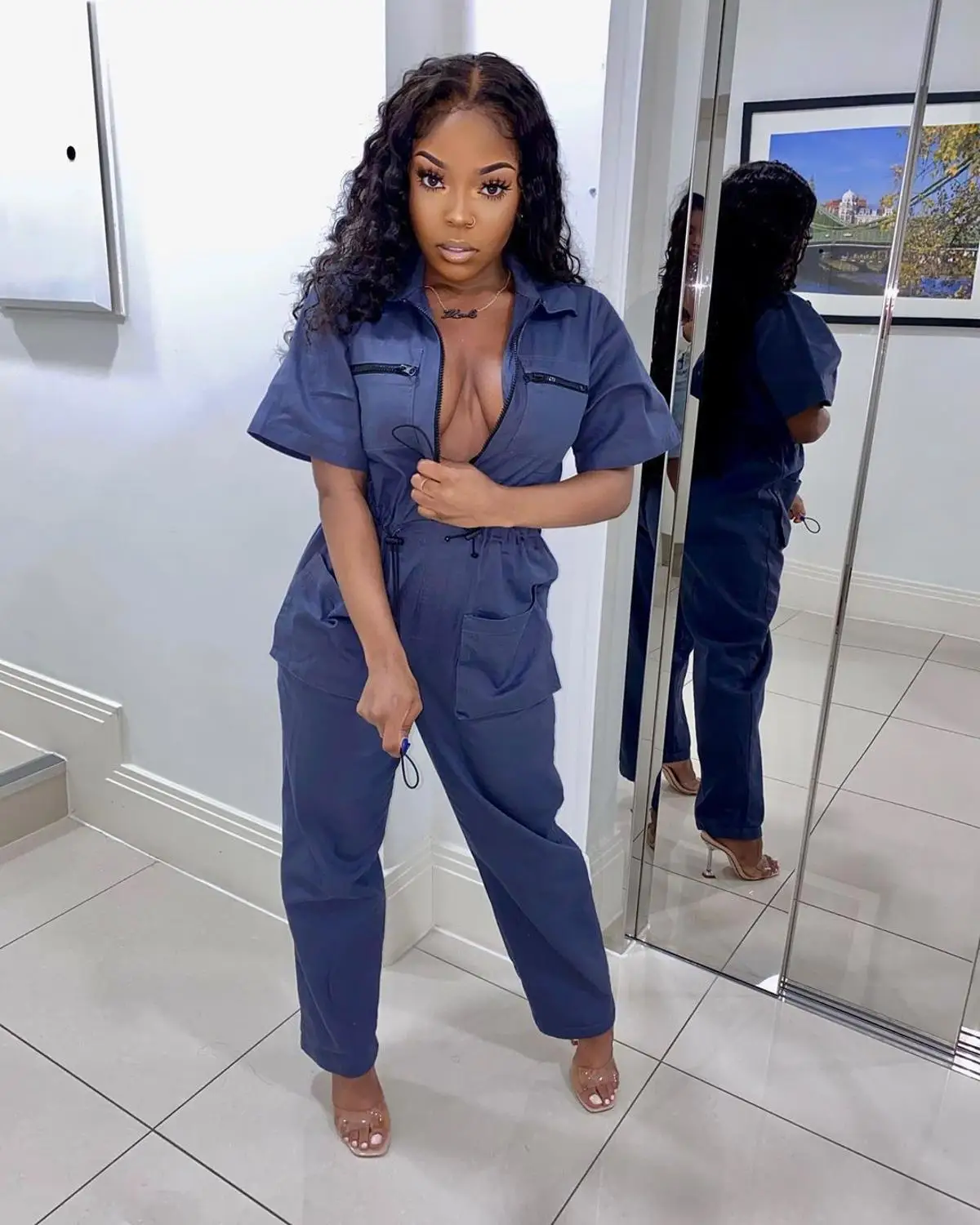 

European new casual solid color denim Jumpsuit fashionable slim fitting Lapel Short Sleeve Shirt Pants