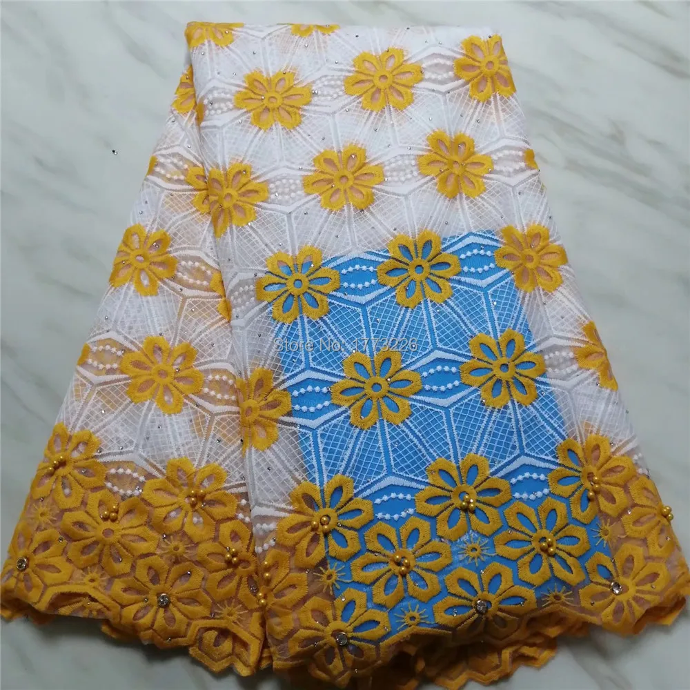 

BEAUTIFICAL Gold/White French Beaded/Stones Net Lace Embroidery French Tulle Fabric 5Yards Cheaper Tulle Mesh Fabric With Bead