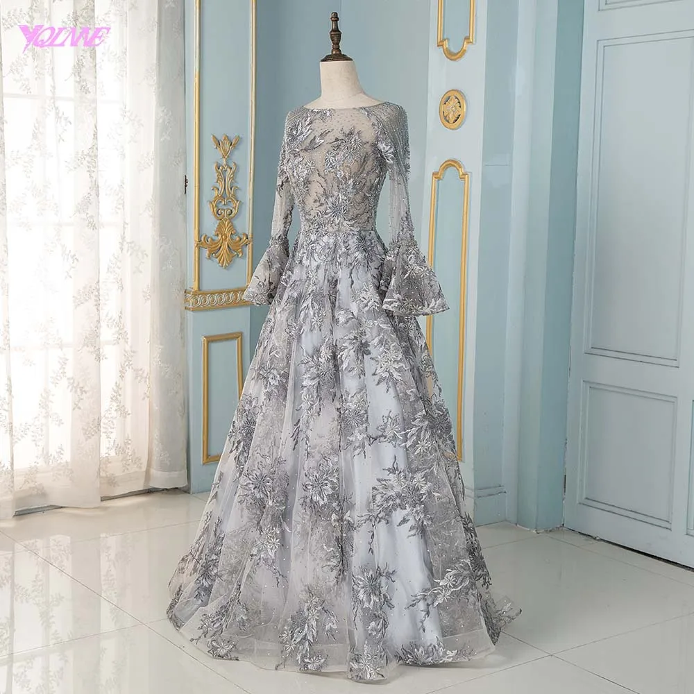 Elegant Gray Full Sleeve Embroidery Evening Dress Long Beaded Formal Gown Aline Dresses | Свадьбы и торжества