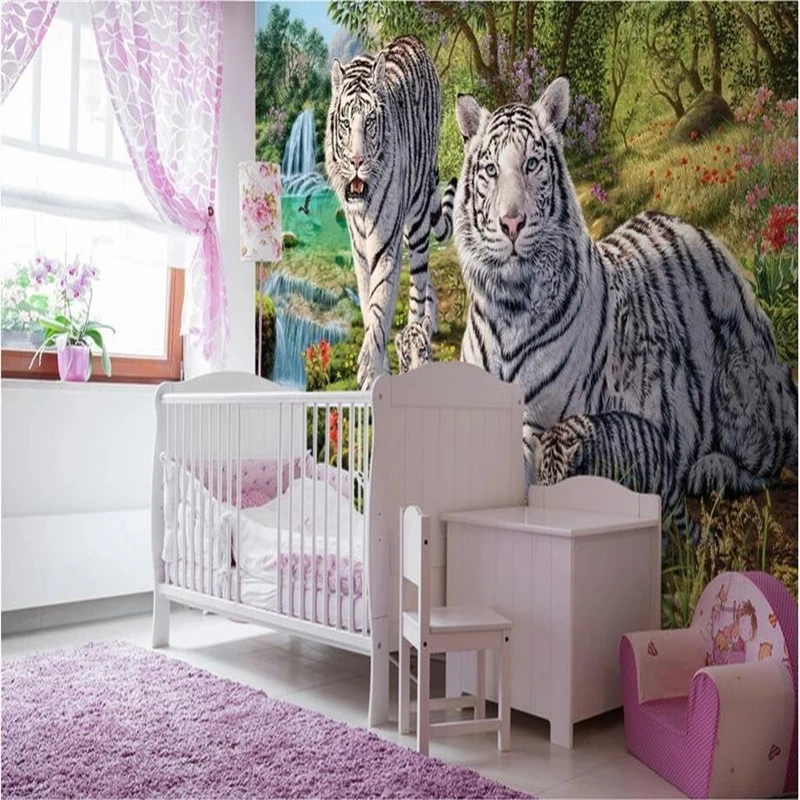 Custom photo 3d Self Adhesive wallpaper Non-woven Green forest white tiger living room background decoration painting murals |