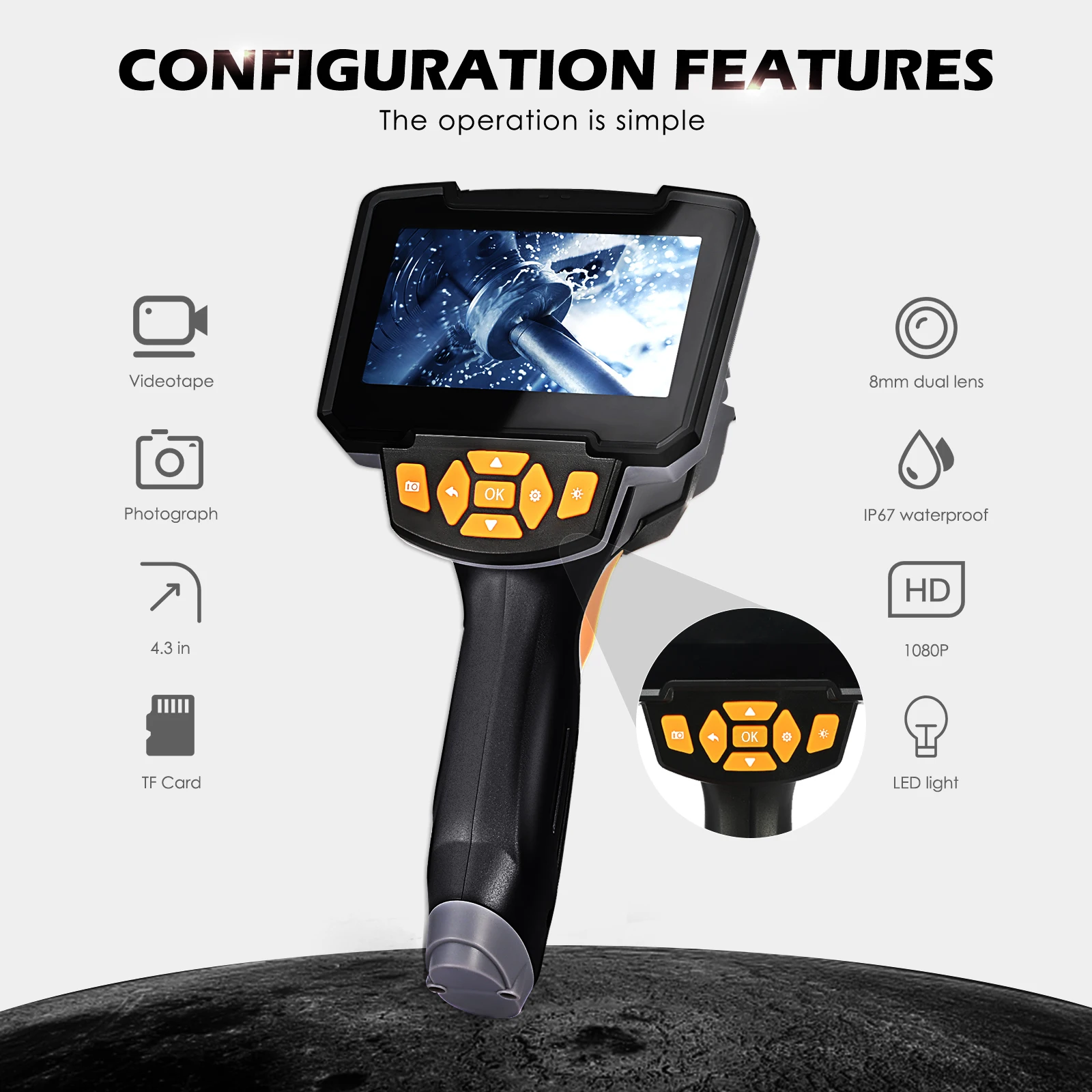 

Industrial Endoscope 4.3Inch LCD Screen 1080p HD Image Quality IP67 Waterproof Kens 5M/16.4 FT Cable 32G TF Card