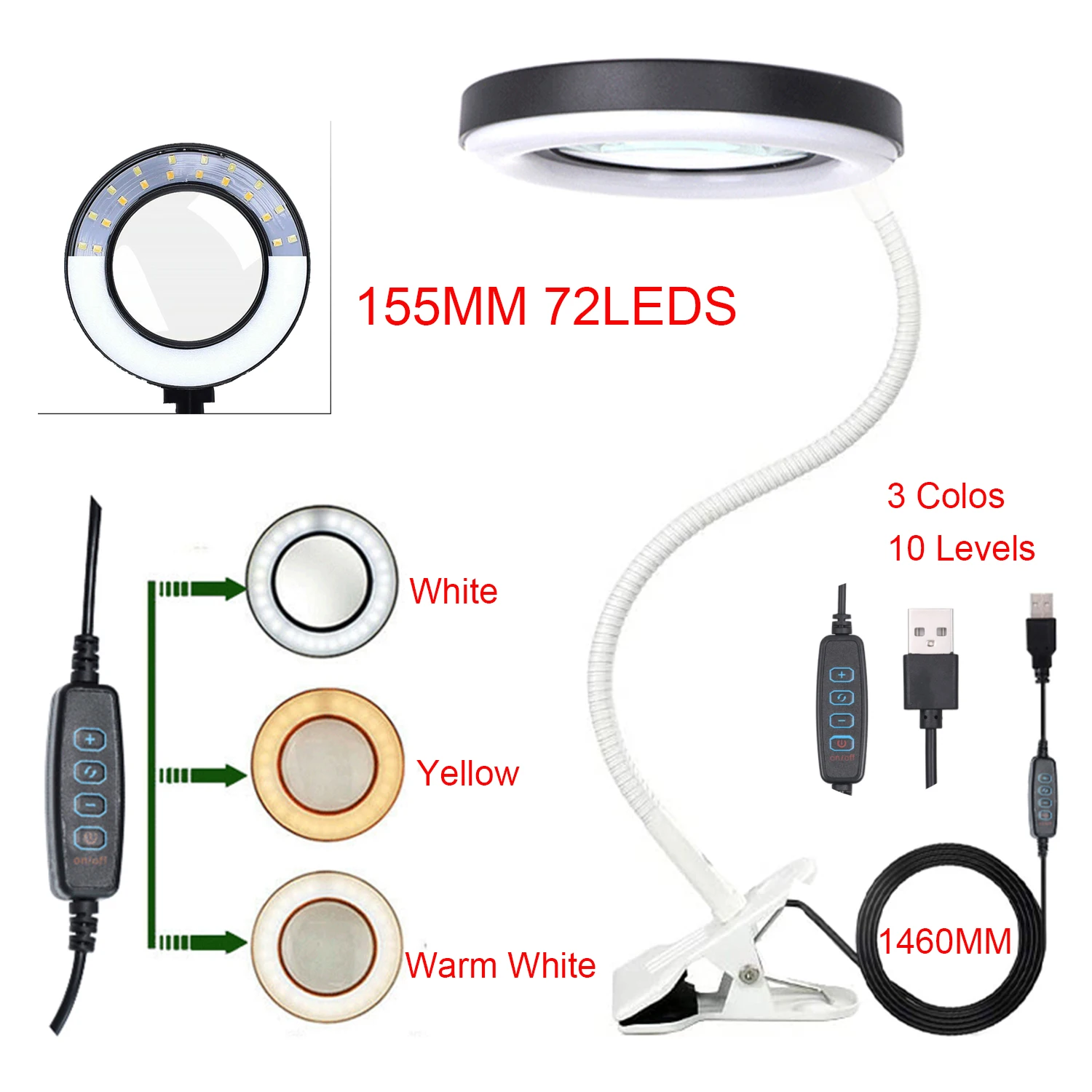 

NEW 72LEDS Illuminated Magnifier USB 3 Colors LED Magnifying Glass for Soldering Iron Repair/Table Lamp/Skincare Beauty Tool