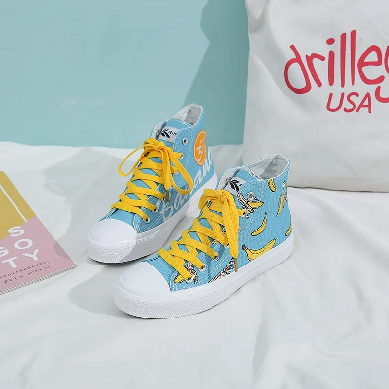 Женские холщовые кроссовки повседневная обувь с принтом фруктов высокая подошва