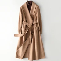 2021 spring new double faced tweed coat full sleeves womens woolen slim long solid with belt camel windbreaker high street wear