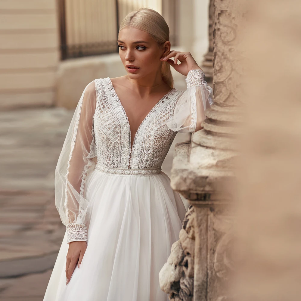 

Charming A Line Tulle Wedding Dress Robe De Mariage Long Sleeves O-neck Delicate Lace Applique Backless Bridal Gown