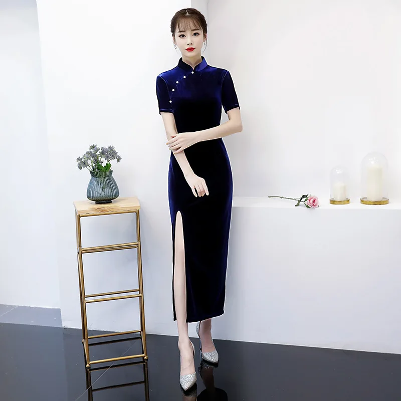 

Navy Blue Velour Vintage Chinese Dress Female Elegant Short Sleeve Sexy Slim Front Split Cheongsam Mandarin Collar Long Qipao