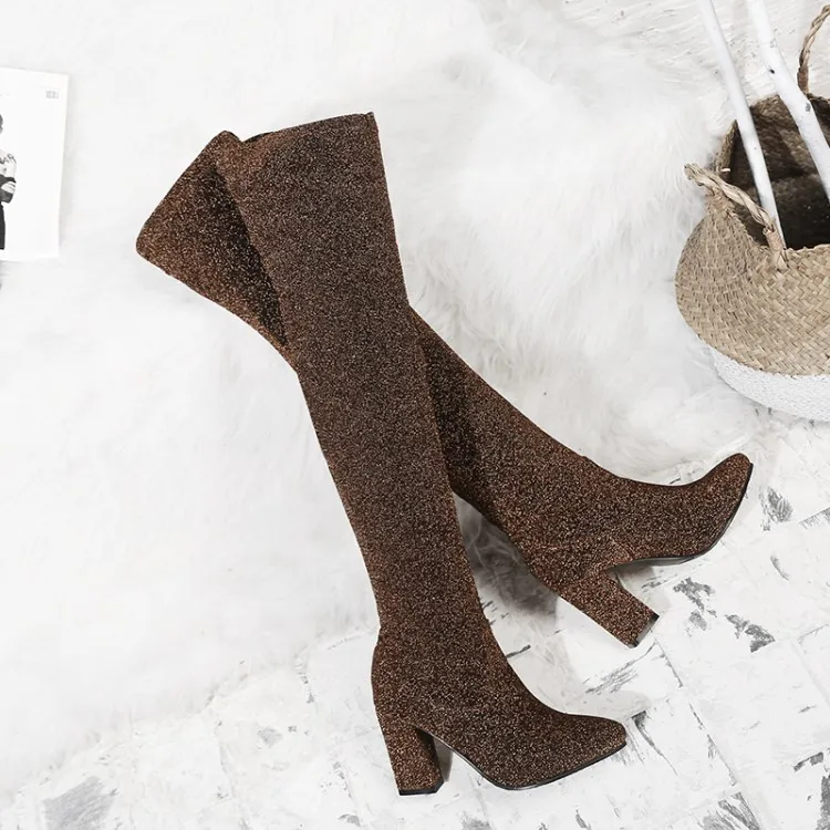 Женские ботфорты выше колена Сапоги с блестками и рукавами сапоги до бедра