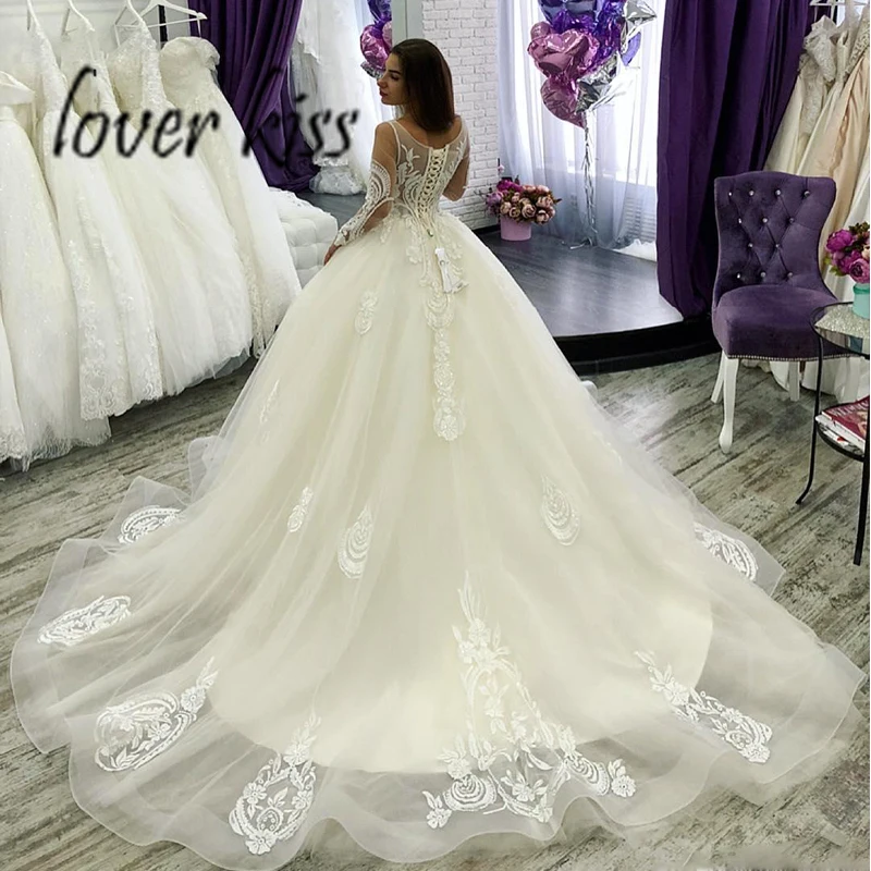 

Lover Kiss Vestido De Noiva Modest Ball Gown Wedding Dresses Long Sleeves Sheer Neck Lace Bridal Gowns Arabic Wedding Dress 2021