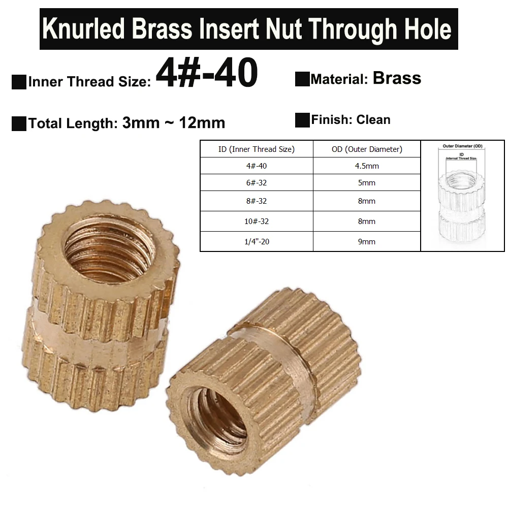 

10Pcs 4#-40 Brass Hot Melt Insert Nut Injection Molding Brass Knurled Thread Inserts Nuts Through Hole Embedded Nutsert OD4.5mm