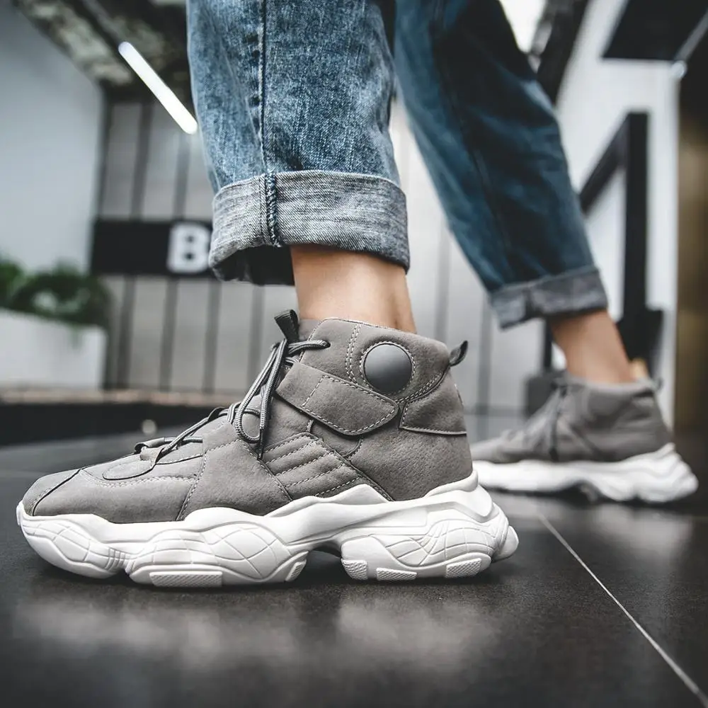 Мужские высокие кроссовки черные повседневные кожаные на массивной подошве 2019| |