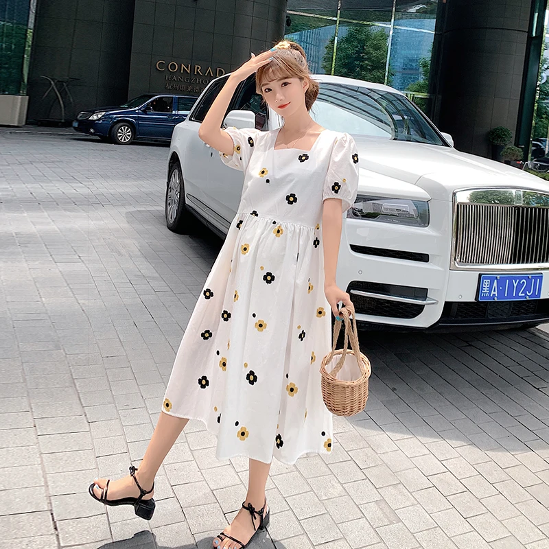 

Summer bubble sleeve mid-length Korean version embroidered cotton thin pregnant women dress