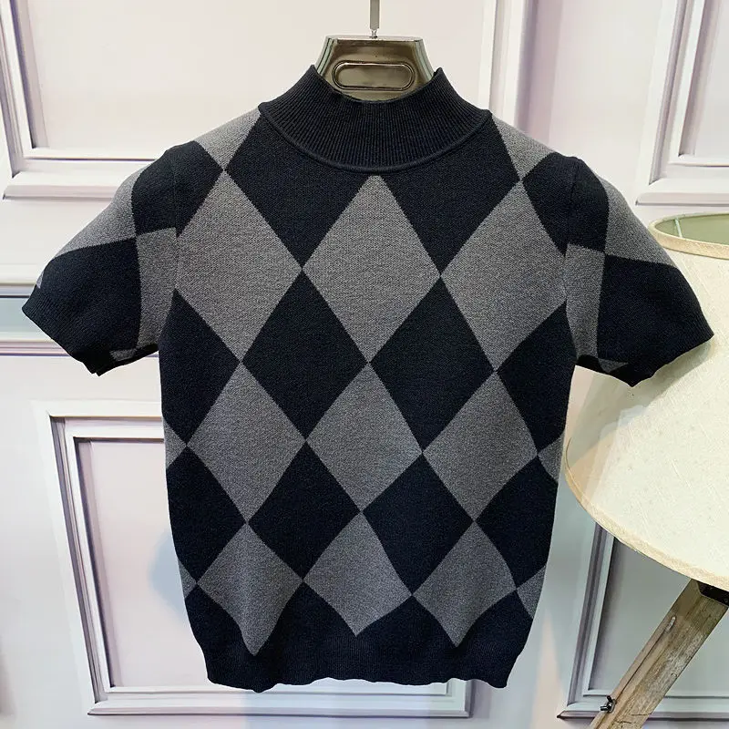 

Fall/winter knitwear semi-turtleneck sweater Korean slim handsome short sleeve diamond plaid knitted bottoming shirt