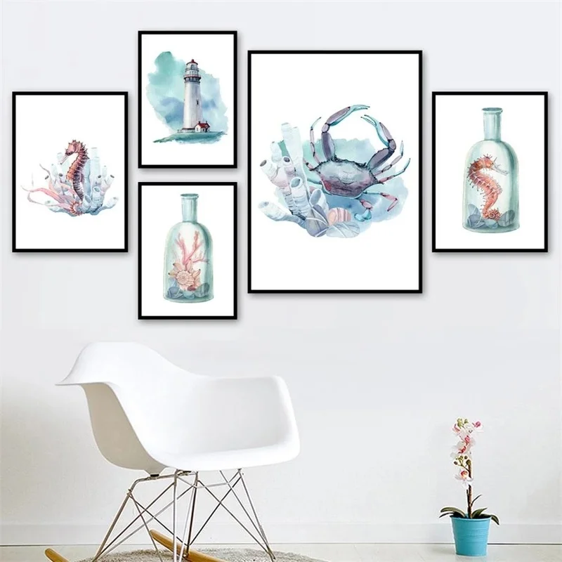 

Seahorse Crab Lighthouse Conch Coral Wall Art Canvas Painting Nordic Posters and Prints Wall Pictures for Living Home Decoration