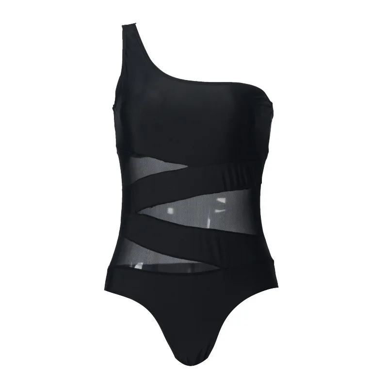 

Mesh Black Bikini Jumpsuit One Shoulder Women Tight Fast Dry Swimsuit Solid Color Fashion Urban Hollow Out Swimwear Bathing Suit