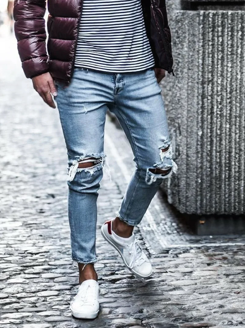 

Men Ripped Fashion Destroyed Frayed Denim Pencil Pants Homme Casual Knee Hole Skinny Distressed Jeans Streetwear