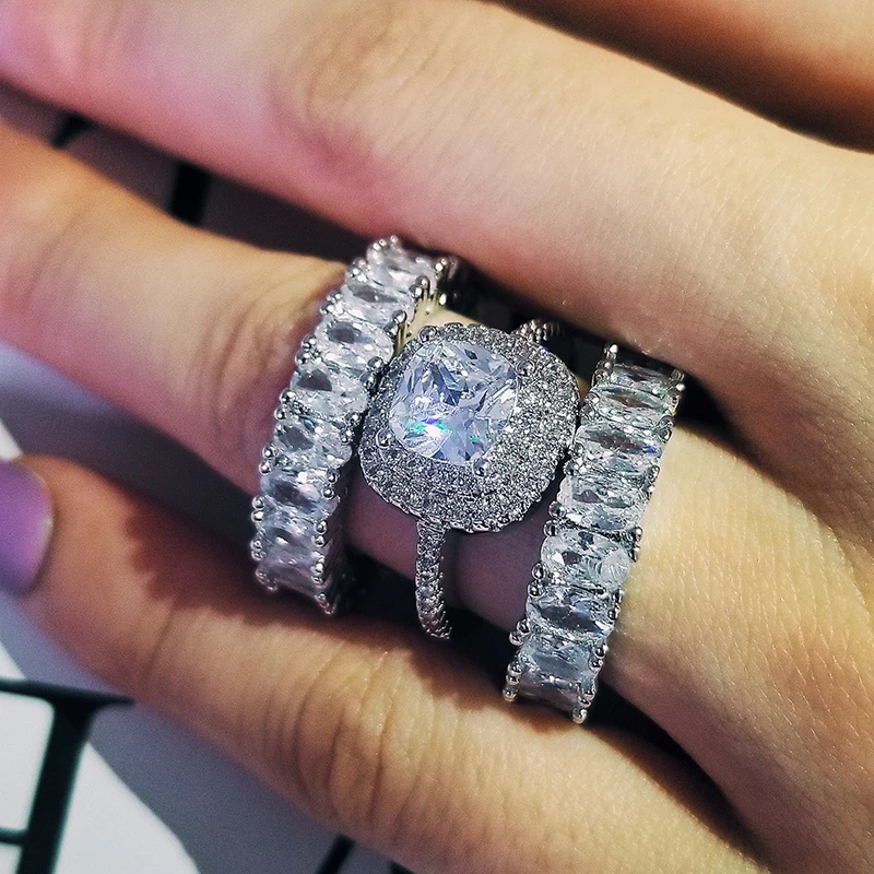 

2021 New Arrival 925 Sterling Silver 3 Pieces Stacked Stack Wedding Engagement Ring Sets For Women Fashion Band R5732