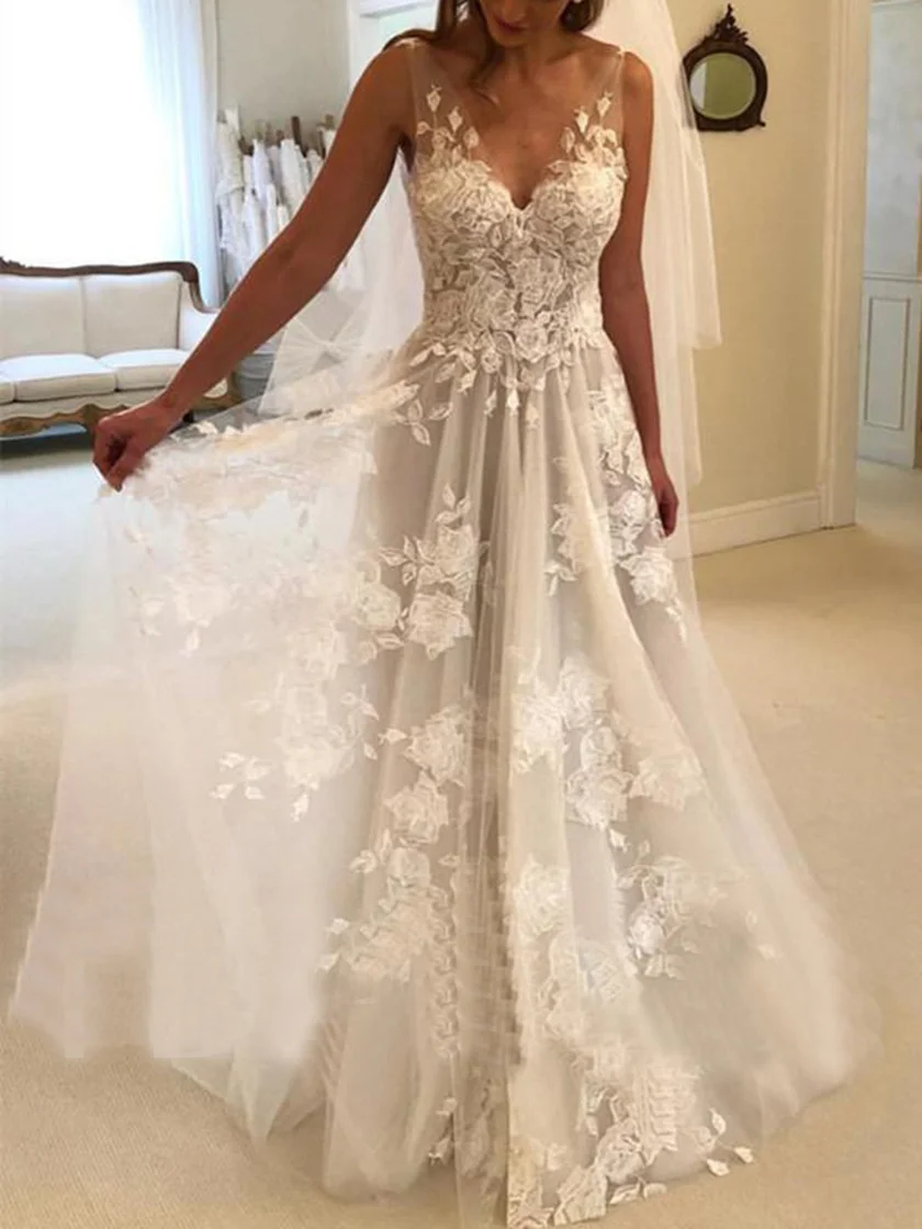 

Wedding Dress 2021 New Sleeveless Sexy V-neck Court Train Backless A-line Luxury Lace Vestido De Noiva Robe De Mariee Plus Size