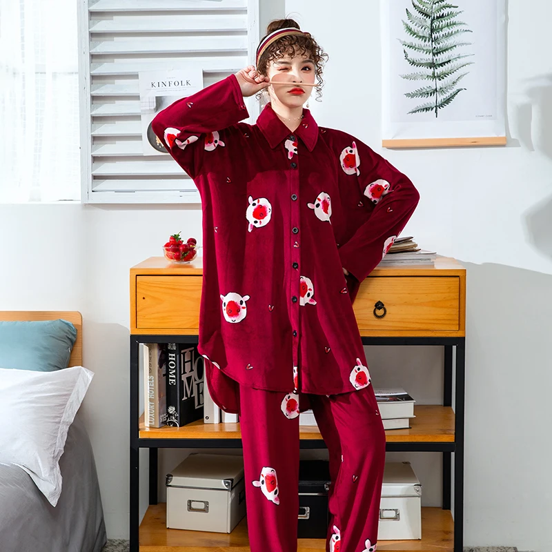 Фланелевые пижамные комплекты женские зимние пижамы кардиган с длинными