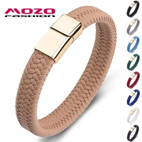 fashion bangle punk men jewelry apricot braided leather bracelet gold stainless steel magnetic clasp fashion women bangles 161