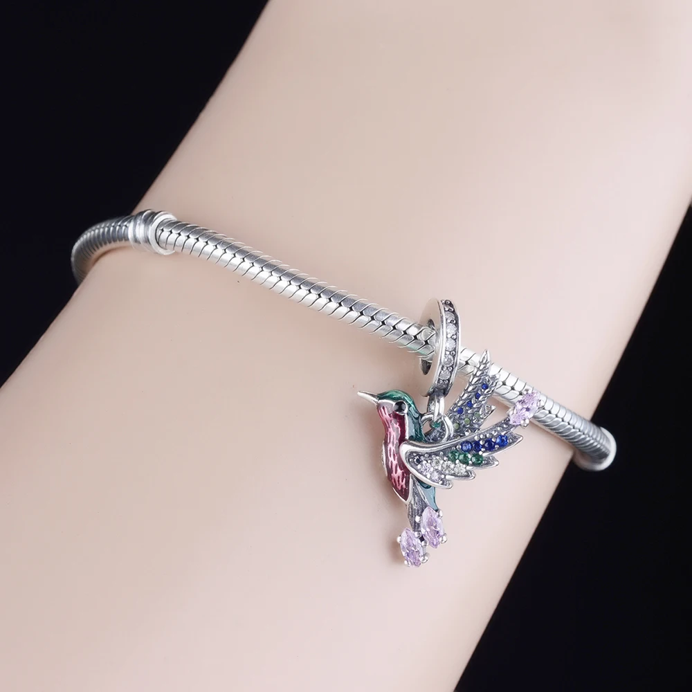 

FC Jewelry Fit Original Pandora Charm Bracelet 925 Silver 3D Color Enamel Feather Hummingbird Bead For Making Berloque 2021 New